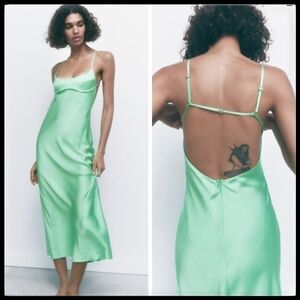 NWT Zara Satin Effect Women's Midi Dress Adjustable Straps XX-Large Green